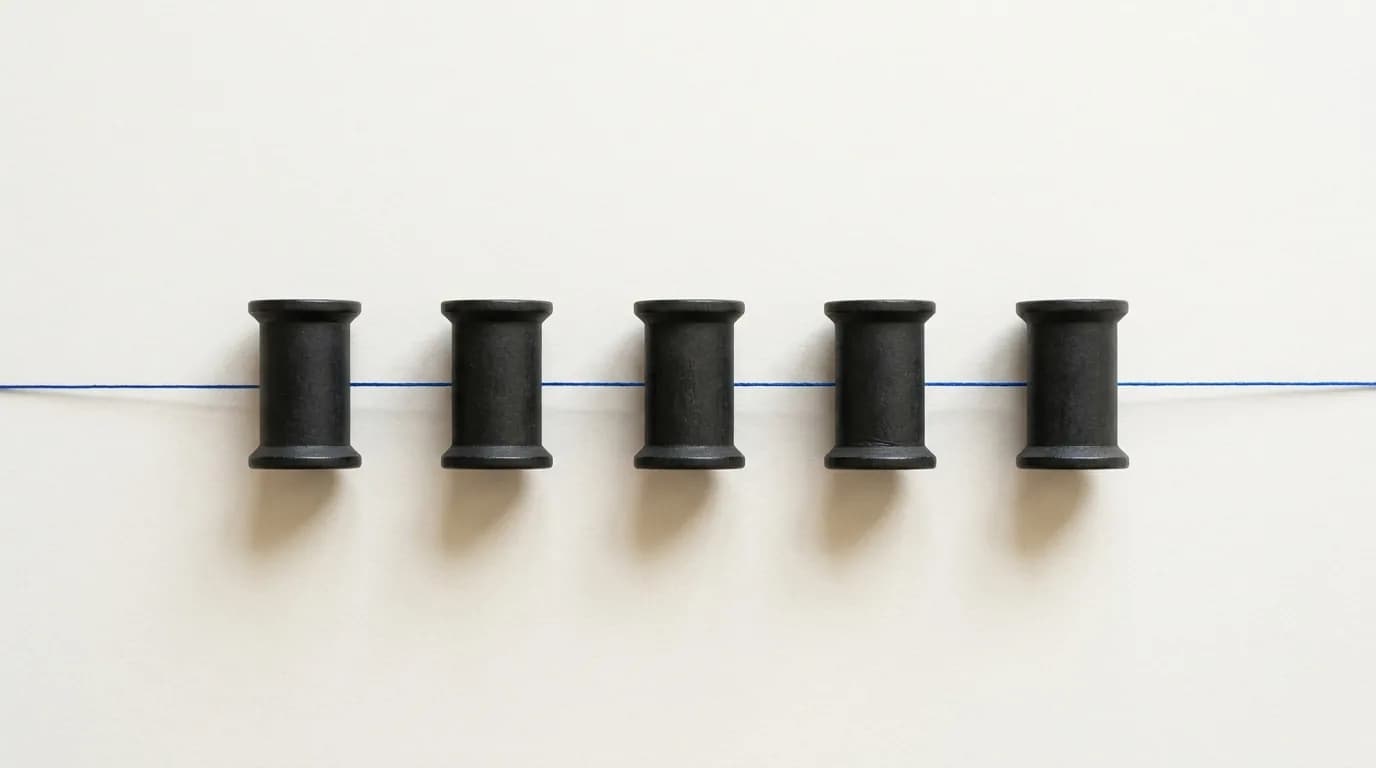 Five black thread spools in a row, with a single blue thread running through all of them without a knot or a loose end.