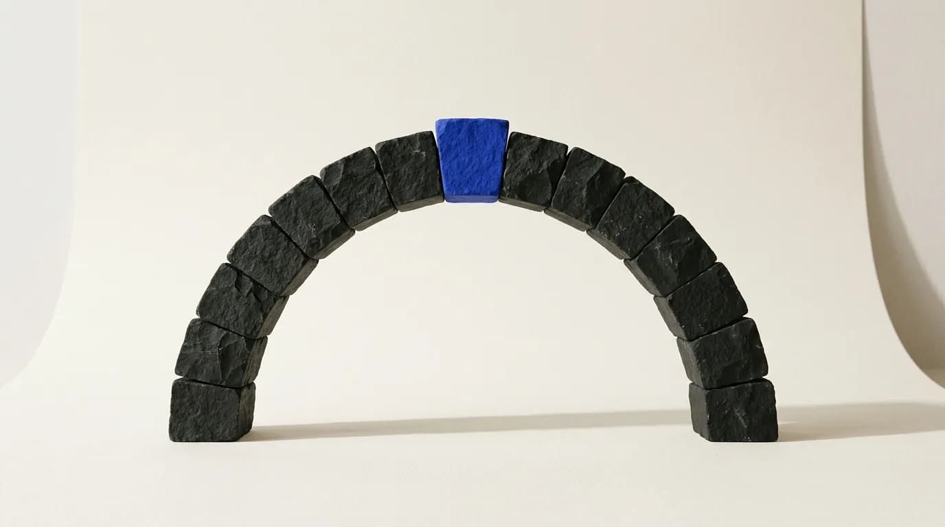 Ein Bogen aus schwarzen Steinen, dessen blauer Schlussstein oben das ganze Bauwerk zusammenhält.