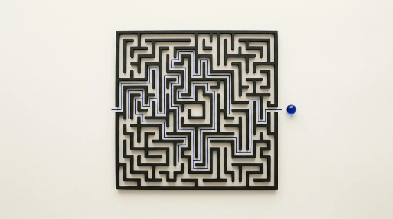 Ein schwarzes Labyrinth, in dem eine blaue Linie den Weg zeigt, den die blaue Kugel am Ausgang selbst gefunden hat.