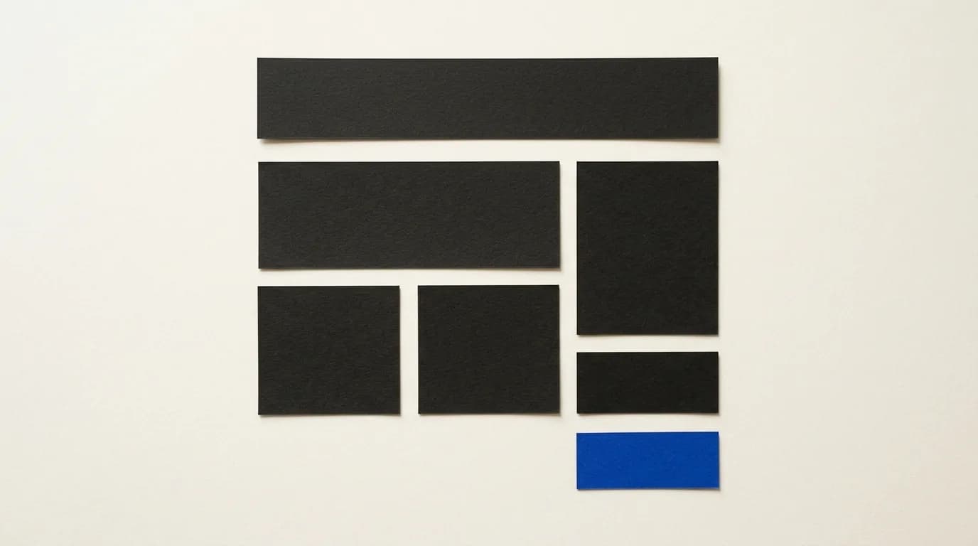 Schwarze Papierflächen, die wie das Layout einer Webseite angeordnet sind, mit einer einzigen blauen Fläche als Schaltfläche.