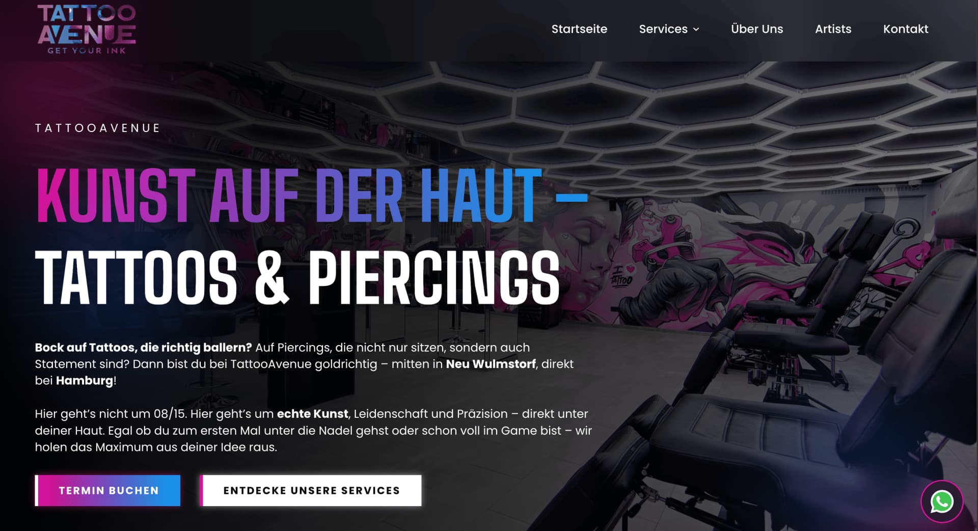 TattooAvenue Website – Desktop Ansicht