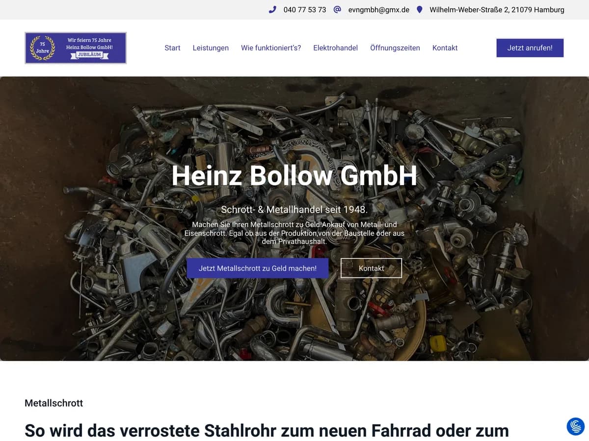 Heinz Bollow GmbH homepage, scrap and metal trading in Hamburg