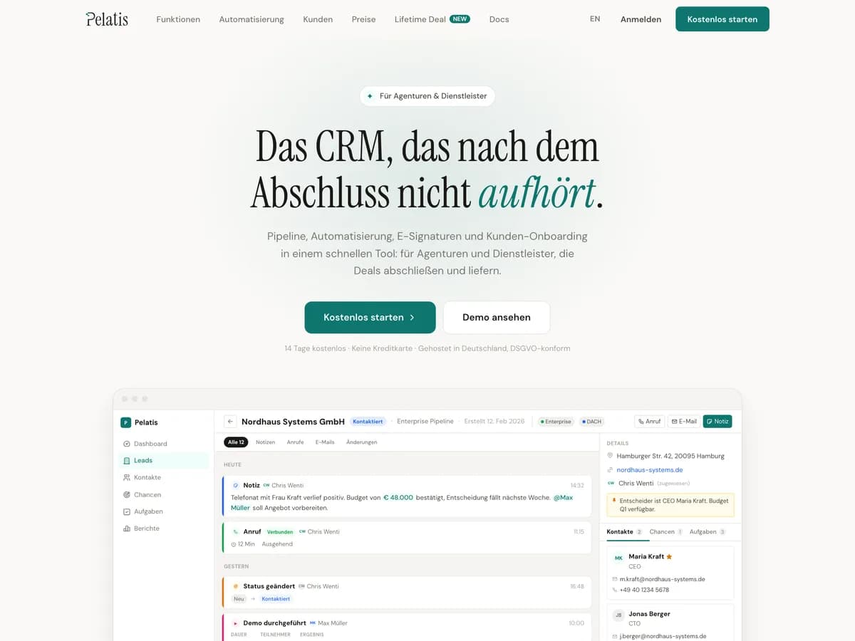 Pelatis CRM homepage, an all-in-one CRM for agencies and service providers
