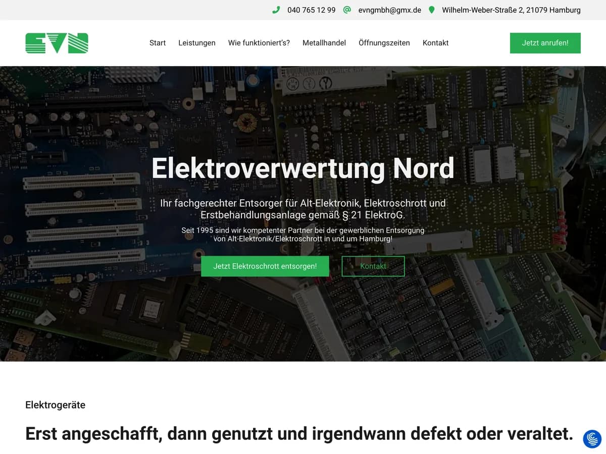 Elektroverwertung Nord GmbH homepage, electronic waste disposal in Hamburg