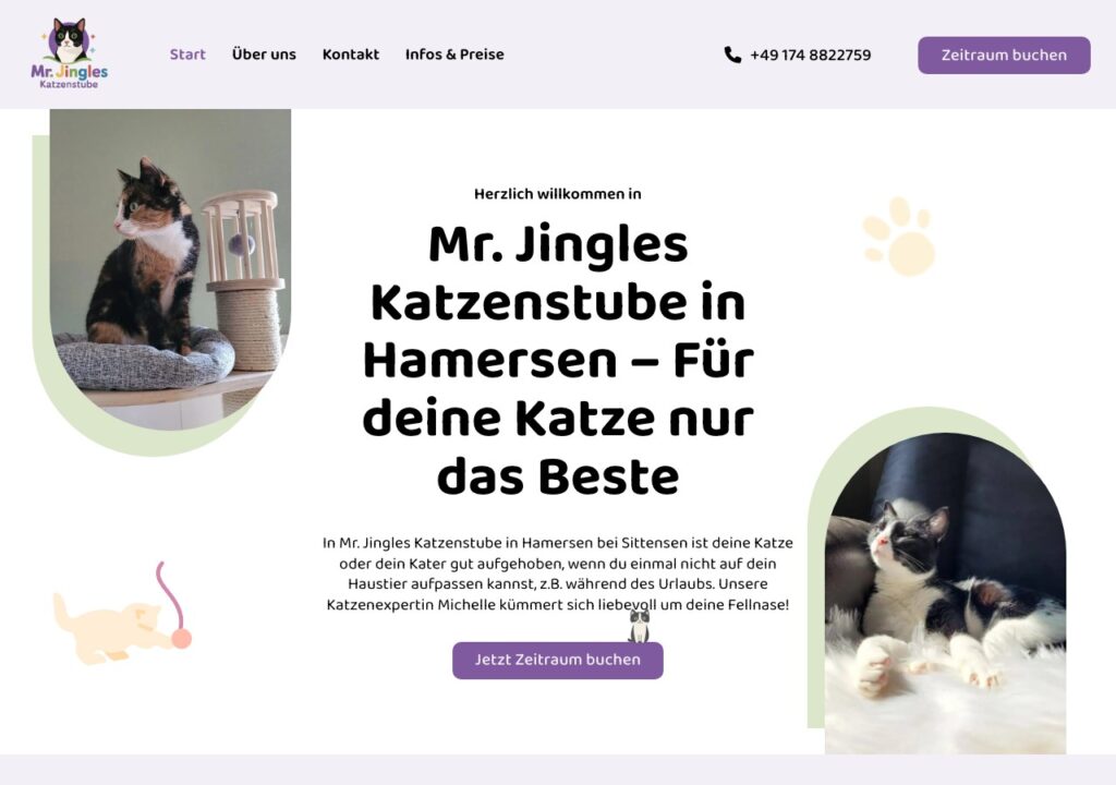 Website der Jingles Katzenstube: Online-Präsenz mit Buchungstool für eine Katzenpension