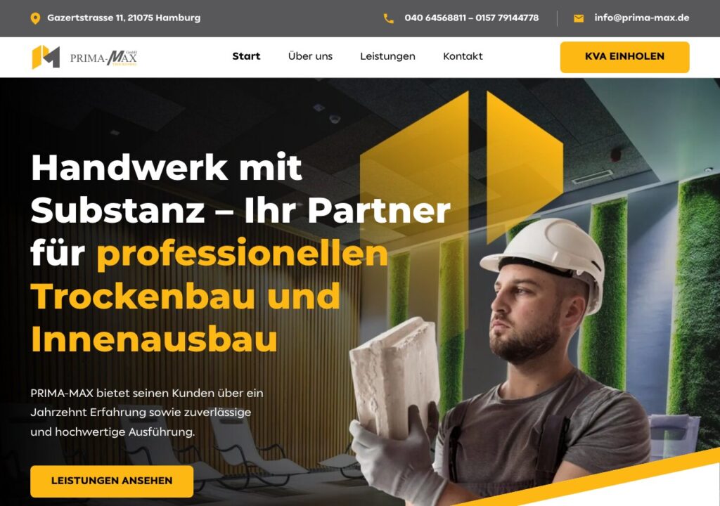 Website der Prima-Max GmbH: aufgeräumter Auftritt für Trockenbau und Innenausbau