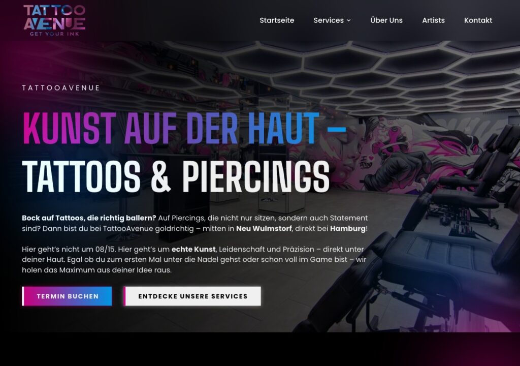 Website von Tattoo Avenue: individuelles Design für ein Tattoo- und Piercing-Studio